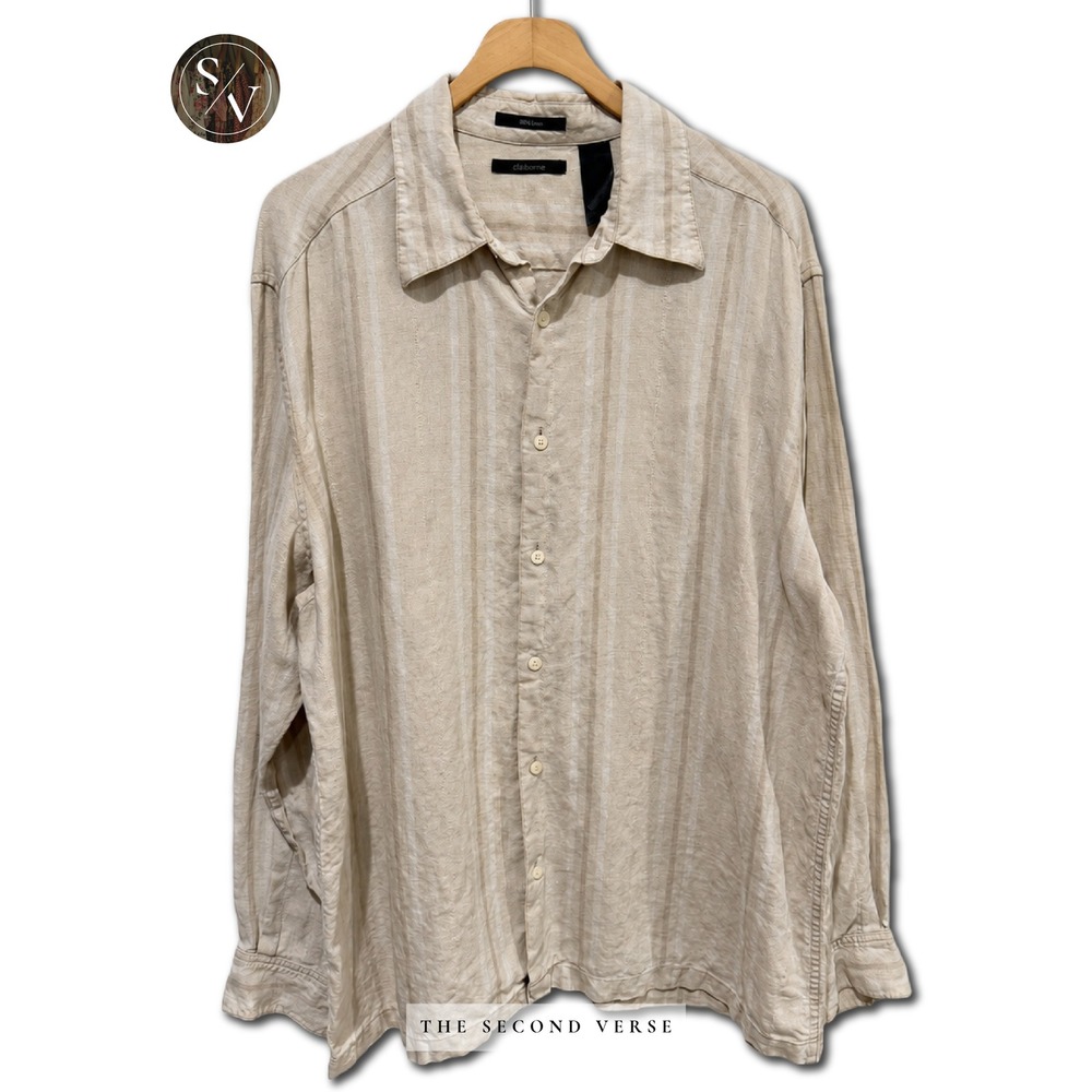 Claiborne Mens Beige Striped 100% Linen Long Sleeve Button Down Shirt Size XL